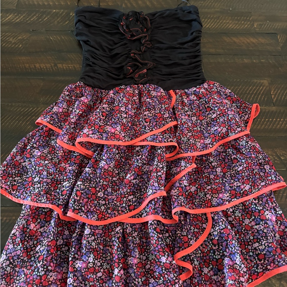 Arden B Black and Pink Floral Ruffle Dress